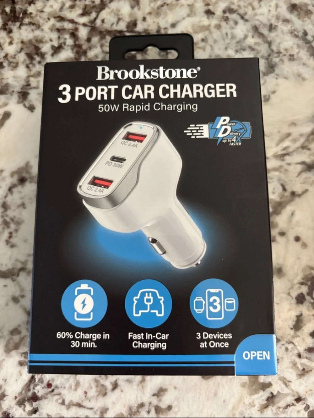 Brookstone White 3-Port Car Charger with USB-C and USB-A Ports